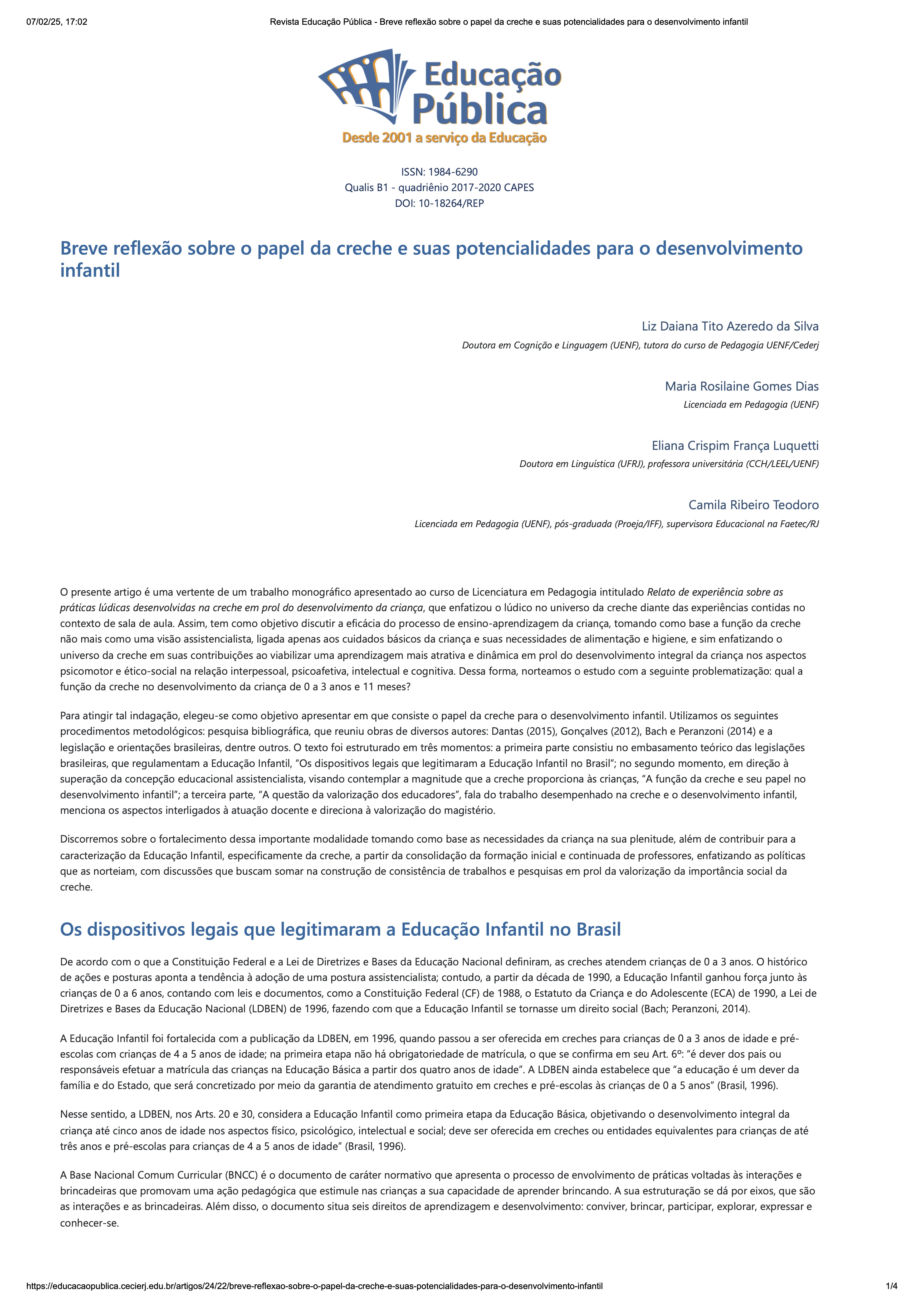 Revista Educacao Publica Breve reflexao sobre o papel da creche e suas potencialidades para o desenvolvimento infantil